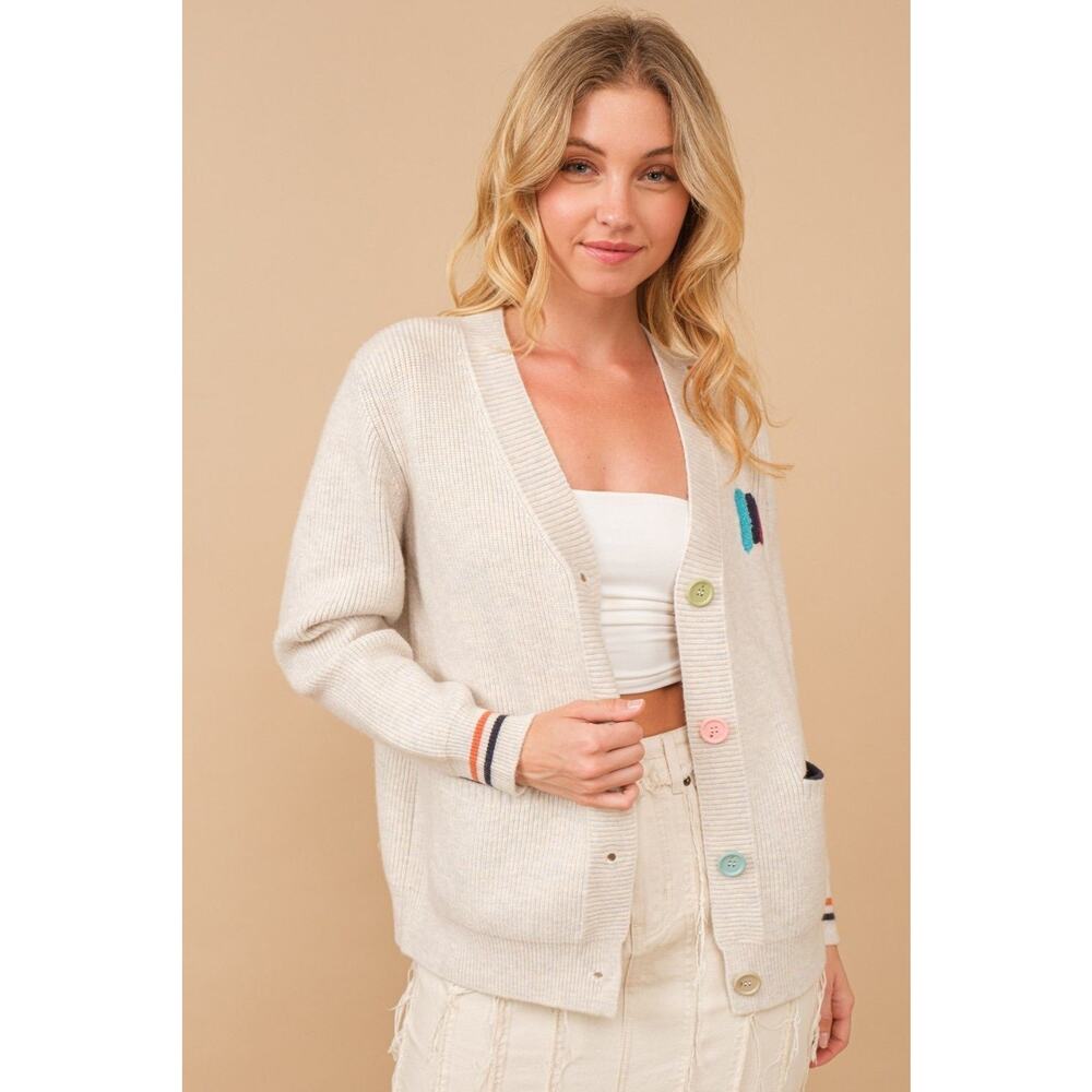 SOFT RIB MED WEIGHT COLORFUL STRIPE CARDIGAN SWEATER